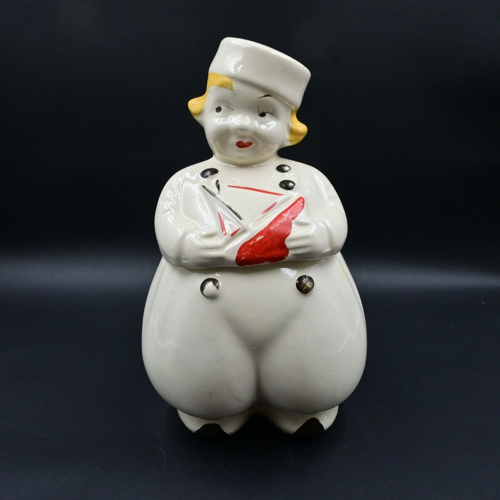American Bisque Dutch Boy Sailor Cookie Jar With Sailboat Vintage 1940s Ceramic